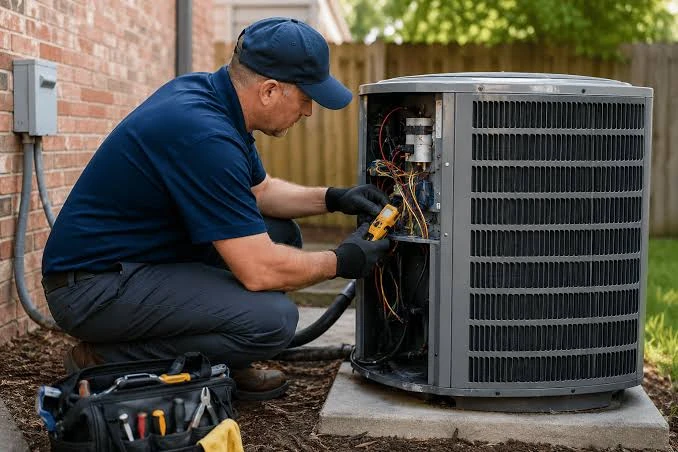 HVAC service professional testing a residential outdoor condenser
